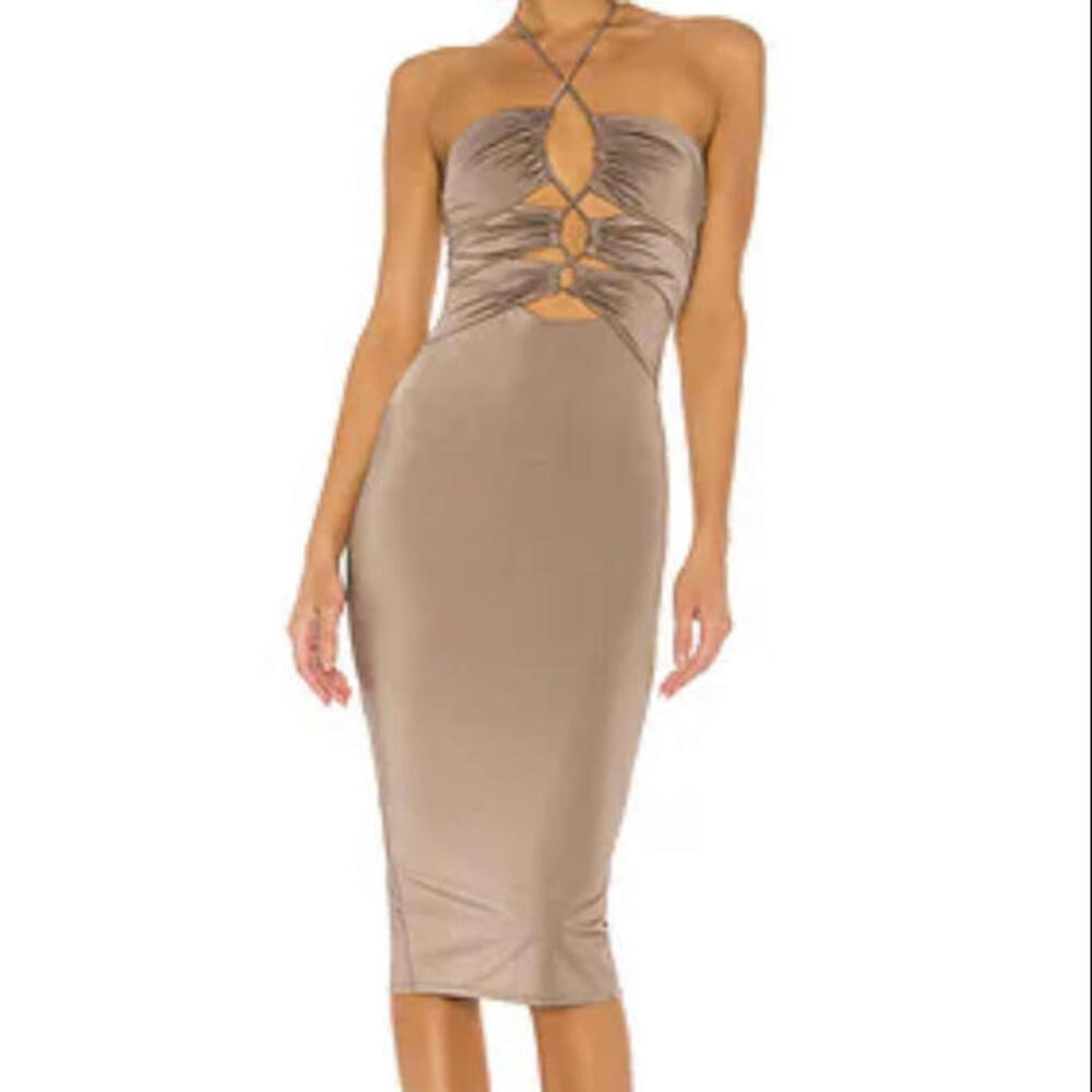 MICHAEL COSTELLO REVOLVE taupe cut out lace up midi dress